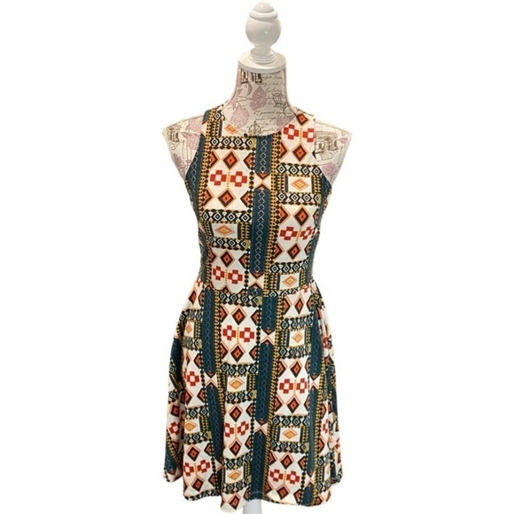H & M Aztec Print Fit & Flare Sleeveless Racerback Dress Size Small - Picture 1 of 9